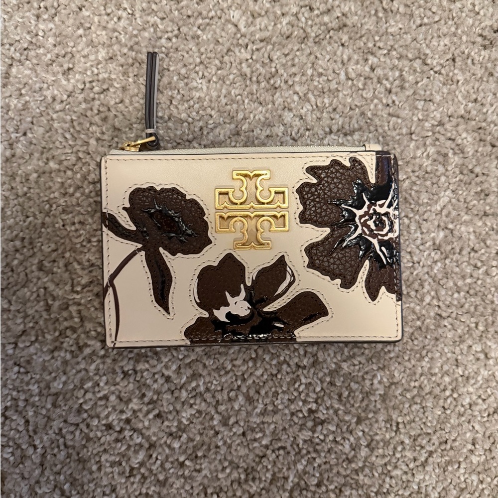 Tory Burch Beige and Dark Brown Floral Wallet